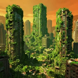 post apocalyptic city, ruined, intricate art, super detailed, liana covered buildings, full color, green and orange color grading, trending on artstation, deviantart