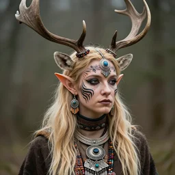tiefling druid with deer antlers growing out of their head blonde hair and large tribal jewelry and face paint