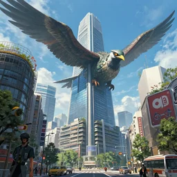 a great kaiju bird towers over the streets of tokyo in the near future, art by bob eggleton and marc simonetti and alejandro burdisio, tohoscope, science fiction, hyperrealism