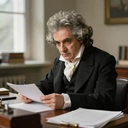 candid photo of ludwig van beethoven composing in his study
