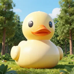 massive inflatable duck in the middle of the forest, sky view, 3d octane render