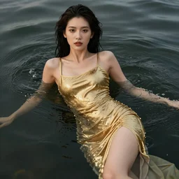 a close up portrait of a beautiful brunette drowning into dark waters dressed with a tight golden dress with a big split