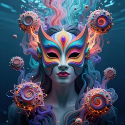 a centered render of an alluring goddess wearing a psychedelic mask surrounded by a underwater ink pour and energy made from geometry and spiral mandel bulb fractals, powerful, cinematic, beautifully lit, by artgerm, by karol bak, 3 d, trending on artstation, octane render, 8 k