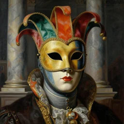 a baroque neoclassicist close - up portrait of a colorful retrofuturistic figure wearing a venetian mask, large marble architecture in background. renaissance portrait painting. highly detailed science fiction painting by norman rockwell, frank frazetta, and syd mead. rich colors, high contrast, gloomy atmosphere, dark background. trending on artstation