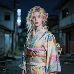 stunning, breathtaking, awe - inspiring award - winning portrait of an attractive white faerie with wavy blonde hair, wearing a colorful yukata in an abandoned city at night, extremely moody lighting, intricate, soft focus, 8 k, abstract impressionism