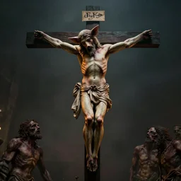 a highly detailed realistic photographic render crucified humanoid pig, christ with the head of a pig, dead souls, religious sculpture, creepy, cinematic lighting, cinematic scene, Volumetric lighting, Atmospheric scene, Dark, Horror, Atmospheric lighting, Global illumination, realistic, photo realism, hyper realistic, hyper realism, photo realisitc, cinematic render, film, beautifully lit, ray traced, octane 3D render, octane render, unreal engine