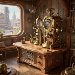 angled photo of a corner in a futuristic traditional western cabin kitchen, wooden table, steampunk appliances, by wlop by jungyeonmin and james jean jhonseru jsezz artstation and greg rutkowski, with some wood and gold details, biomechanical, lens orbs, global illumination, with a window overlooking a cyberpunk metropolis, lounge, architectural, volumetric lighting, granular detail, japandi, hyperrealist, ( no people in the scene ) micro details, blender, vray