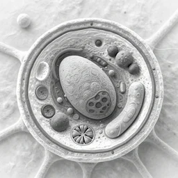 a black and white detailed anatomy of a single!! eukaryotic cell showing the nucleus and mitochondria