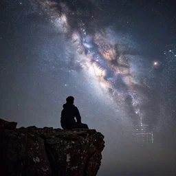 man sitting on cliff looking at galaxy