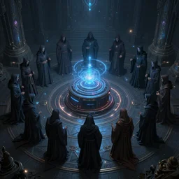 a quantum computer surrounded by a dark cabal of hooded elven mystics gathered in a circular formation, michael whelan art, dan seagrave art, cgsociety, artstation, epic scifi fantasy art