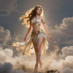 a beautiful female goddess of the adventure, character is in all its glory, character is in her natural relaxed pose, full body shot, rim lights, particles and dust in the air, fancy clouds, highly detailed professional photo, dynamic lights, particles are flying, depth of field, trending on artstation, professional illustration, hyper realistic, vray caustics, super detailed, colorful accents, cinematic shot