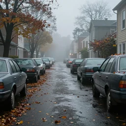 silent hill in real life, streets, sombre, parked cars, overcast, blankets of fog pockets, rain, volumetric lighting, beautiful, autumn, sharp focus, 7 0 s visuals, ultra detailed, cgsociety