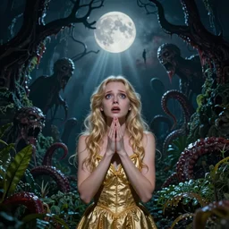 close macro shot portrait small blonde in golden cocktail dress hands pray, scared, on arkham horror background at night, evil fluid, lush plants, insane, giant tentacles, lovecraft, full bloody moon, light rays, gnarly trees by tom bagshaw, mucha, gaston bussiere, craig mullins, j. c. leyendecker 8 k