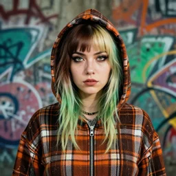 highly detailed portrait of a sewer punk seattle lady, tartan hoody, by atey ghailan, by greg rutkowski, by greg tocchini, by james gilleard, by joe fenton, by kaethe butcher, gradient green, brown, blonde crea, orange, brown and white color scheme, grunge aesthetic!!! ( ( graffiti tag wall background ) )