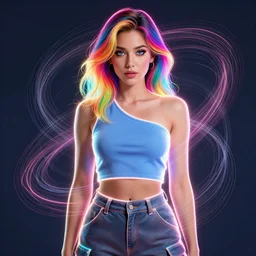 a award winning portrait of a beautiful woman with stunning eyes in a one off shoulder croptop and cargo pants with rainbow colored hair, outlined by whirling illuminated neon lines and fine lines swirling in circles by lois van baarle, digital art, trending on artstation