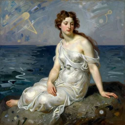 Goddess Venus Sitting by the Sea in the style of William Adolphe Bouguereau and Jackson Pollock