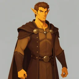 tall, buff elf with short brown hair. He wears fine brown noble clothes. His skin is a vibrant orange yellow. by craig mullins, featured on artstation