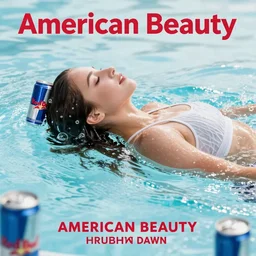 american beauty poster but woman swimming in cans of red bull, movie poster