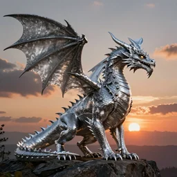 silver dragon, very detailed, by greg rutkowski, sunset, stunning.