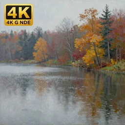 a painting of lake in the rain, autumn, acrylic painting, very detailed, mellow, 4 k, trending on artstation