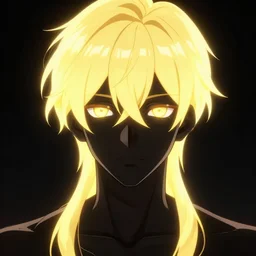glowing black male anime character, golden hair, yellow eyes, symmetrical, highly detailed, digital art, sharp focus, trending on art station, crazy hair, electricity everywhere, anime art style