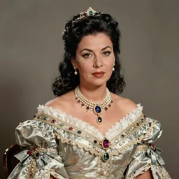 “The photograph is a vintage 1952 portrait of a beautiful duchess woman posing in a studio with black hair, tan complexion, and monolid eyes. She is adorned with a magnificent court gown and jewellery, and she has a haughty, defiant look on her face.”