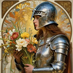closeup portrait of a beautiful mysterious woman warrior wearing an armour costume and helmet, holding a bouquet of flowing flowers, hands disappeared under the bouquet, profile view, fantasy, regal, intricate, by stanley artgerm lau, greg rutkowski, thomas kinkade, alphonse mucha, loish, norman rockwell