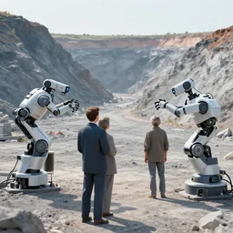 artists working in the mines being watched by robots