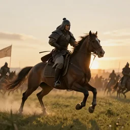 a warrior riding on his horse about to go into battle, open field, trending on artstation, award winning, 8k, volumetric lighting, sun down