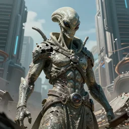a hyper real comic book style portait painting of a half destroyed stone statue of an mad alien in a futuristic city that is half destroyed, unreal 5, hyperrealistic, octane render, cosplay, rpg portrait, dynamic lighting