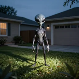 flash photography shot of a grey alien in a suburban backyard