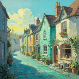 street of teal stone, sunlight and whimsical houses, cafe tables, mordor, painting by james gurney