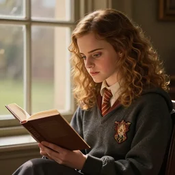 portrait of Emma Watson as Hermione Granger sitting next to a window reading a book, focused expression, golden hour, professional illustration, art by Kenne Gregoire, trending on artstation