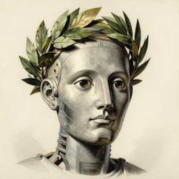a portrait of the head of a robot emperor with a crown of laurels ( c. 1 8 8 0 - 1 8 9 2 ) drawing in high resolution by otto eerelman