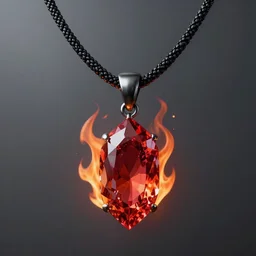 rpg item, a black necklace with a bright red crystal pendant in flames, Unreal 5, DAZ, hyperrealistic, rpg style, octane render, dynamic lighting