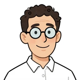 man with glasses, dark short curly hair smiling, illustration in the style of p. d. eastman