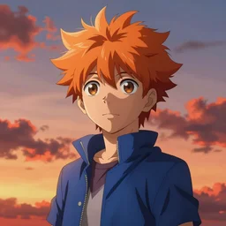 orange - haired anime boy, 1 7 - year - old anime boy with wild spiky hair, wearing blue jacket, golden hour, partly cloudy sky, red clouds, orange sky, strong lighting, strong shadows, vivid hues, ultra - realistic, sharp details, subsurface scattering, intricate details, art by artgerm, anime, anime hd wallpaper, 2 0 1 9 anime screenshot