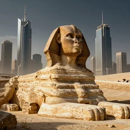 the sphinx surrounded by a futuristic metropolis