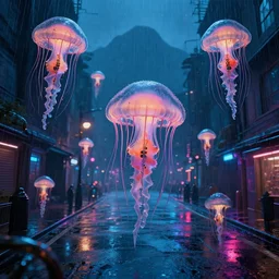 many mechanical jellyfishes floating in the street at night after the rain, a mountain in the distance, surreal, cyberpunk, psychedelic, highly detailed, digital art, blade runner 2 0 4 9, 8 k