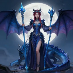 mage woman stading with a blue staff petting a dragon with the full moon in the background, realistic, photoreal, fantasy, 8k, cinematic, colorful, elegant, highly detailed, centered, digital painting, artstation, concept art, sharp photo, spiky