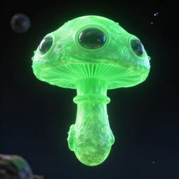 plastic glowing green plastic alien mushroom with three ugly glass eyes floating in space, Octane render, ultra realistic, HD