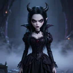 photorealistic full shot portrait of cute angry darkness vampire anime girl, gothic clothing, worrying eyes, inspired by Tim Burton, detailed, unreal engine 4k volumetric light, fog,