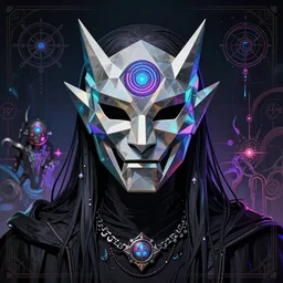 Portrait of geometric masked necromancer, psychedelic, vaporware, glowing techcore symbols, glowing occult symbols, cinematic, ornate, highly detailed, gloomcore illustration, Marc Simonetti, Giger, Satoshi Kon, 8k,