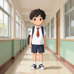 a stunning art of a school boy at a school hallway, stunning art, cartoonised