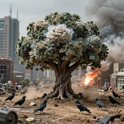 tilt shift, 1 9 1 2 wwi, cumulonimbus tree in a city, crows, dirt and dust, mold, behind, flare smoke, film still 3 5 mm, 3 2 k, colorized photo, dystopian environment, intricate, highly detailed movie, artstation, concept, smooth, sharp focus, artgerm