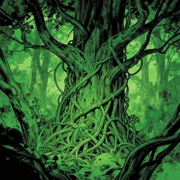 verdant green knotted tangled vines and trees by moebius by James Jean, by Mike Mignola comic graphic novel style action illustration, gritty textured, trending on artstation