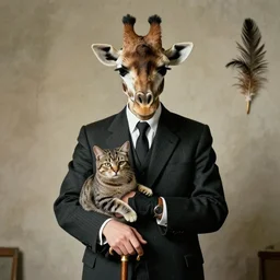 photographic portrait sad max ernst giraffe feathers, wearing a suit, with a cane, holding a cat, editorial