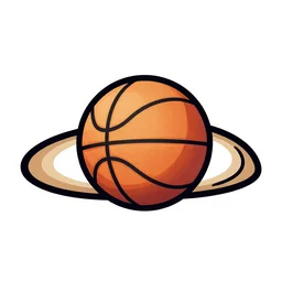 a 2 d render logo of a basketball with saturn rings and a white background,