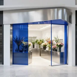 flower retail shop designed by plainoddity, stainless steel and blue color glass, white schema