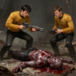 Data from Star Trek violently murdering an alien with a machine gun , everything covered in blood , bludgeoned dead alien on the floor , highly detailed, digital painting, artstation, concept art, smooth, sharp focus, illustration by Artgerm and Greg Rutkowski and Tom Bagshaw